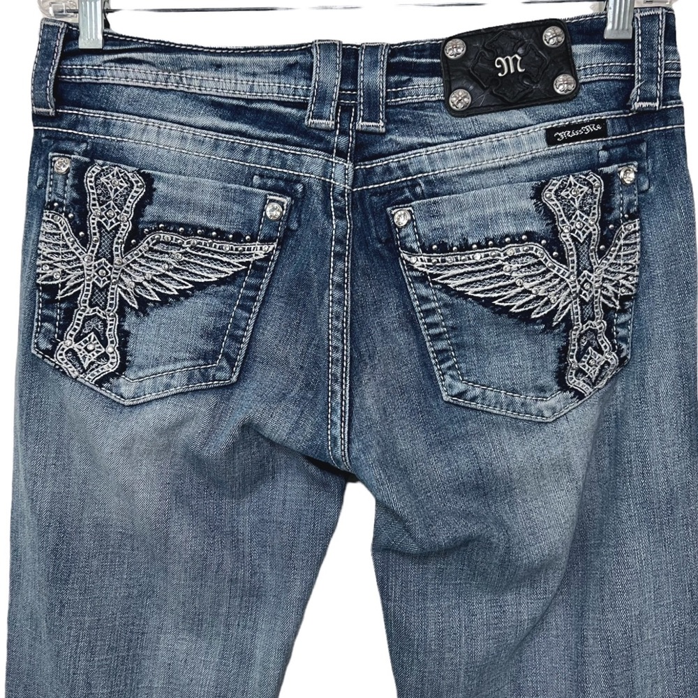 Miss Me Boot Studded Jeans JP5425B Winged Cross Pockets Distressed Faded 32